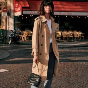 Sezane Scott Trench Coat Camel NWT Size 6, includes limited-edition totes